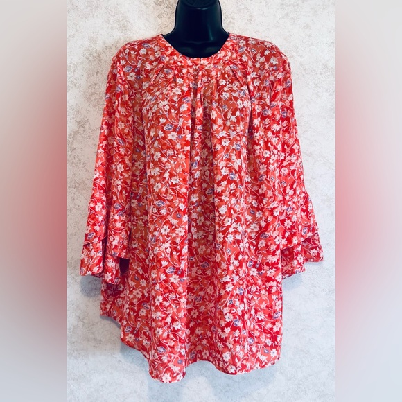 Violet + Claire Blouse Size 3X Peach Red Floral Bell Sleeve New Pleats @ Neck - Picture 1 of 15